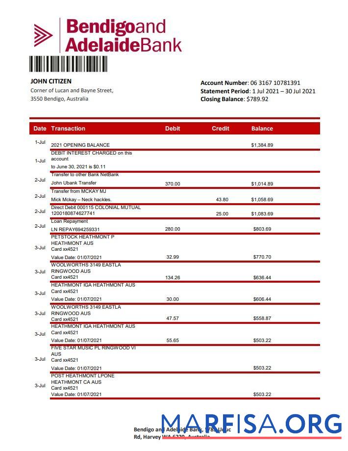 Realistic Australia Bendigo and Adelaide Bank bank statement excel real example